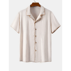 Contrast Stitching Linen Rayon Cuban Shirt & Straight Leg Pants - 2 Piece Smart Casual Outfit
