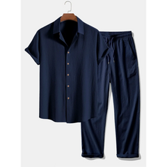 Crinkled Textured Button Up Shirt & Straight Leg Pants - 2 Piece Summer Outfit