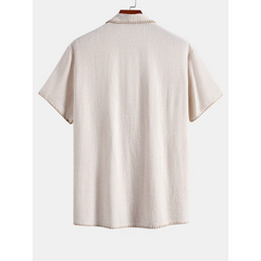 Contrast Stitching Linen Rayon Cuban Shirt & Straight Leg Pants - 2 Piece Smart Casual Outfit
