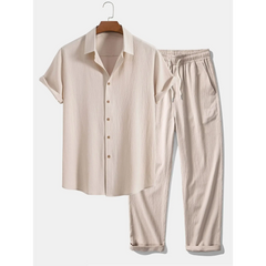 Crinkled Textured Button Up Shirt & Straight Leg Pants - 2 Piece Summer Outfit