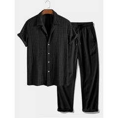 Jacquard Cuban Collar Shirt & Crinkle Textured Straight Leg Pants - 2 Piece Summer Outfit