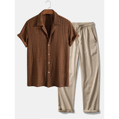 Jacquard Cuban Collar Shirt & Crinkle Textured Straight Leg Pants - 2 Piece Summer Outfit