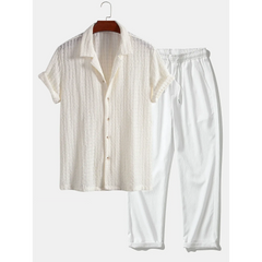 Jacquard Cuban Collar Shirt & Crinkle Textured Straight Leg Pants - 2 Piece Summer Outfit