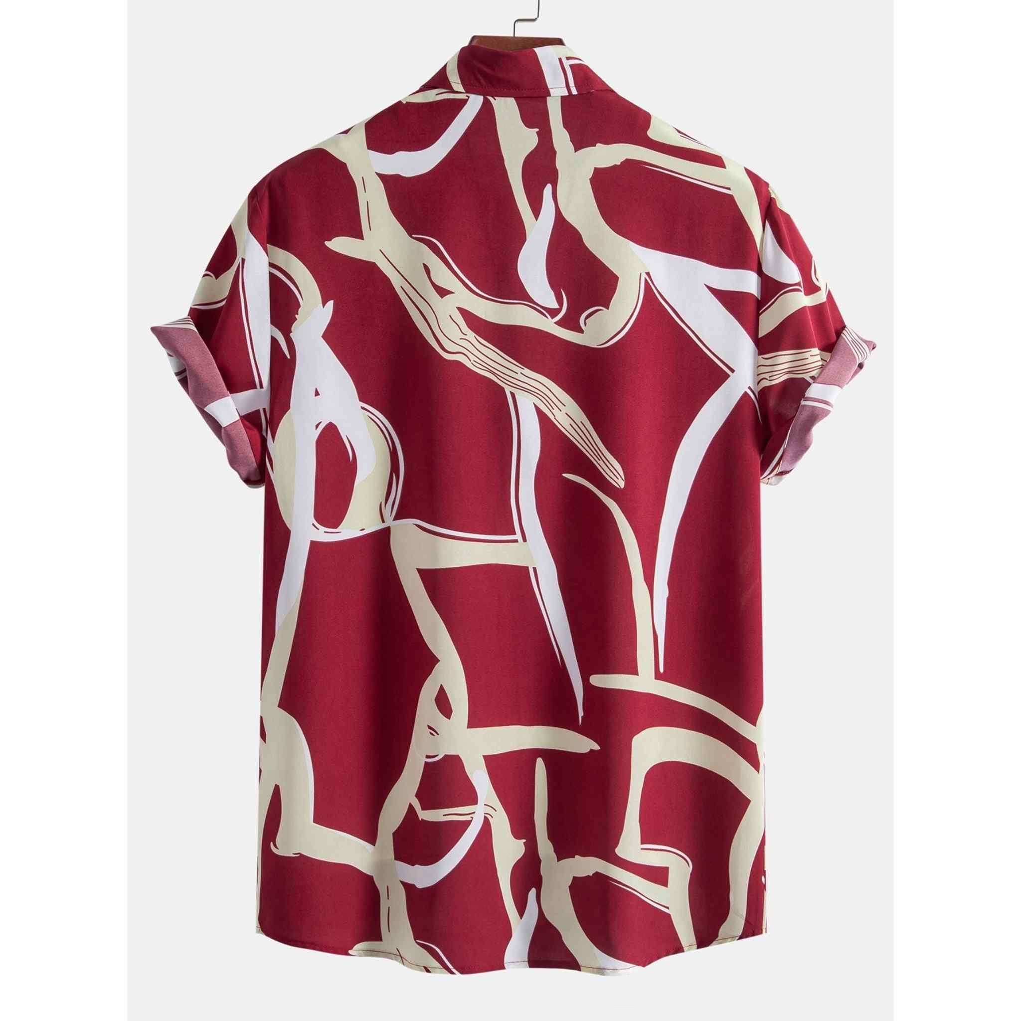 Back view of red abstract print camp collar shirt.