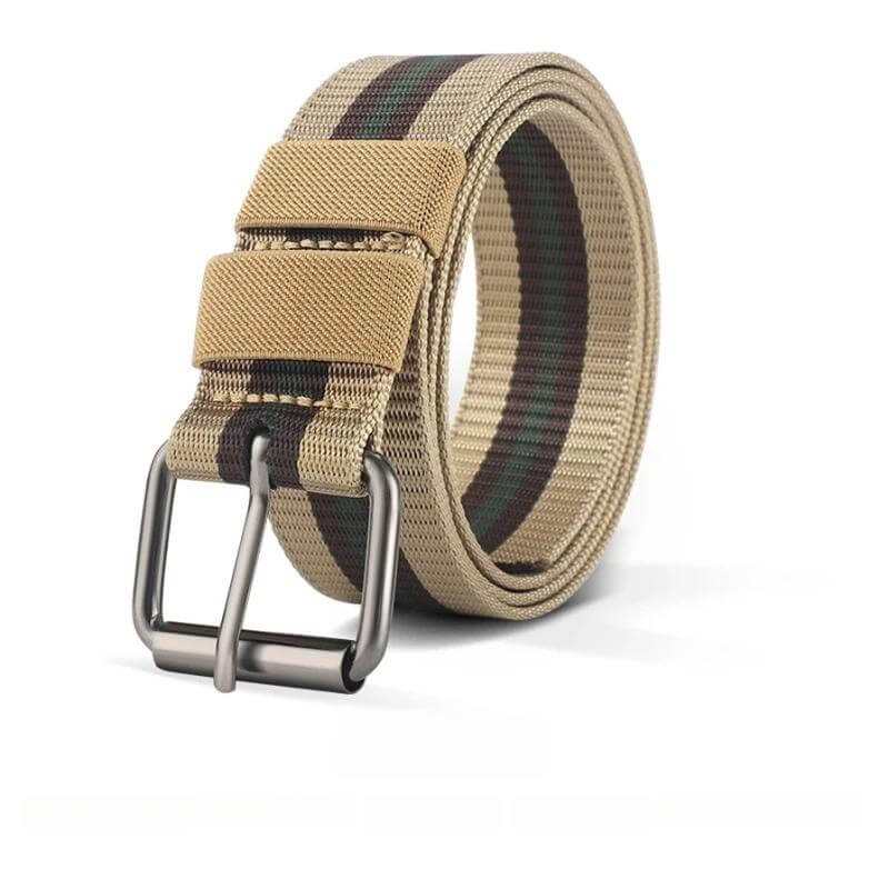 Beige and black striped belt with a metal buckle on a white background