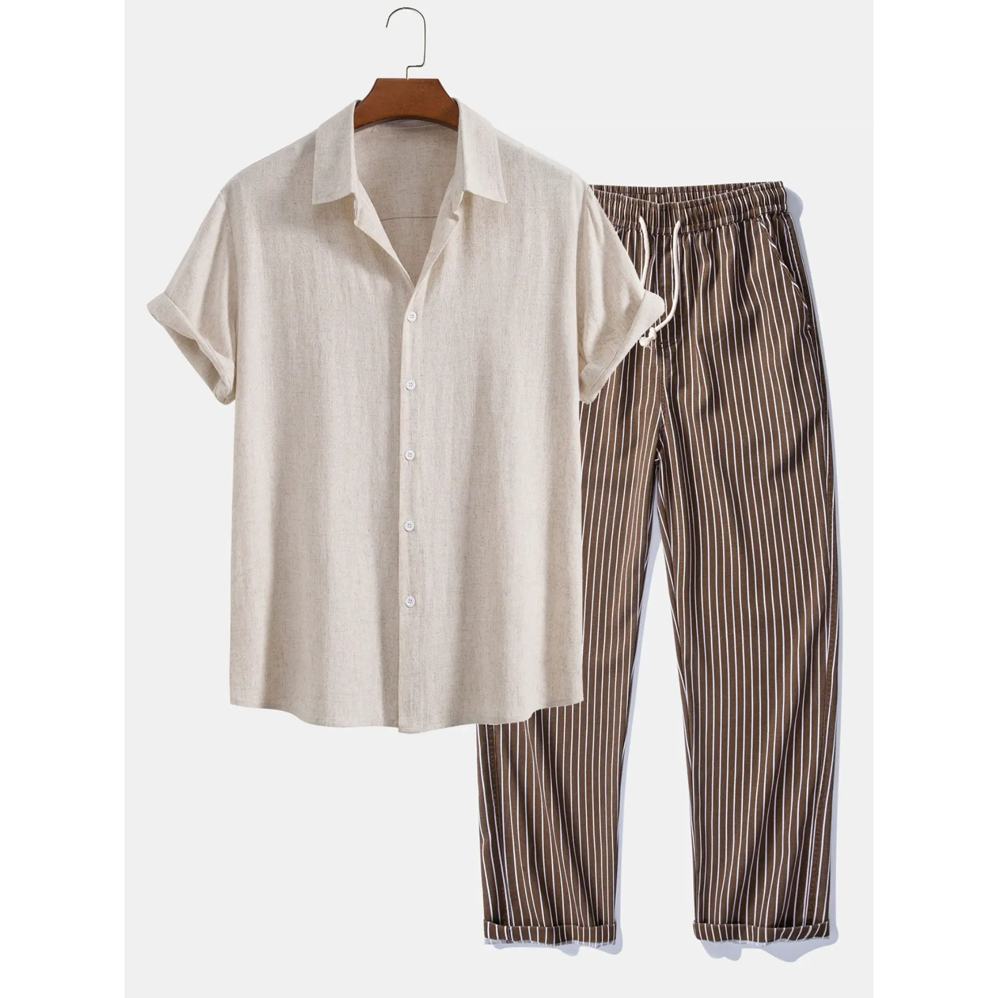 Beige shirt and brown striped pants on a white background