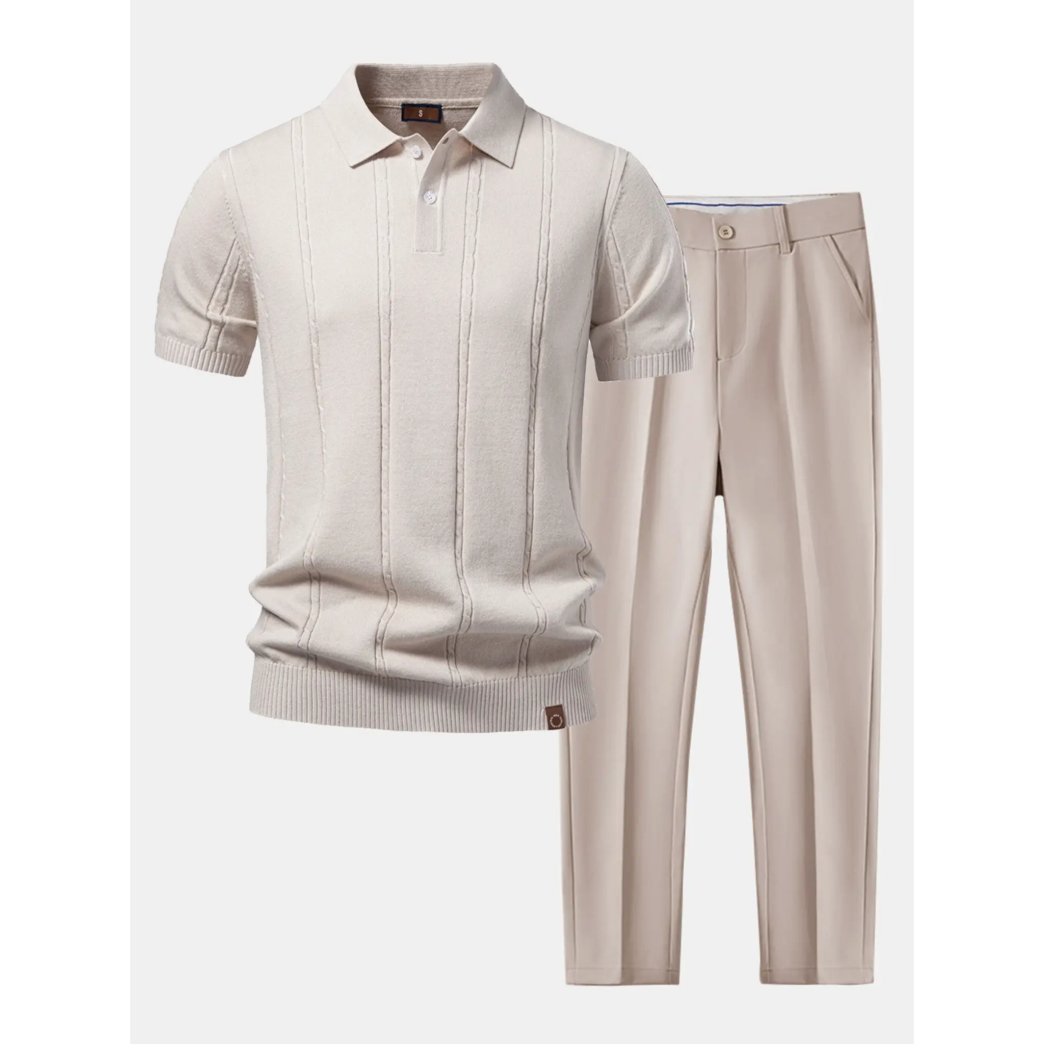 Beige short-sleeve shirt and pants set on a white background