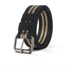 Black belt with beige stripes and a silver buckle on a white background