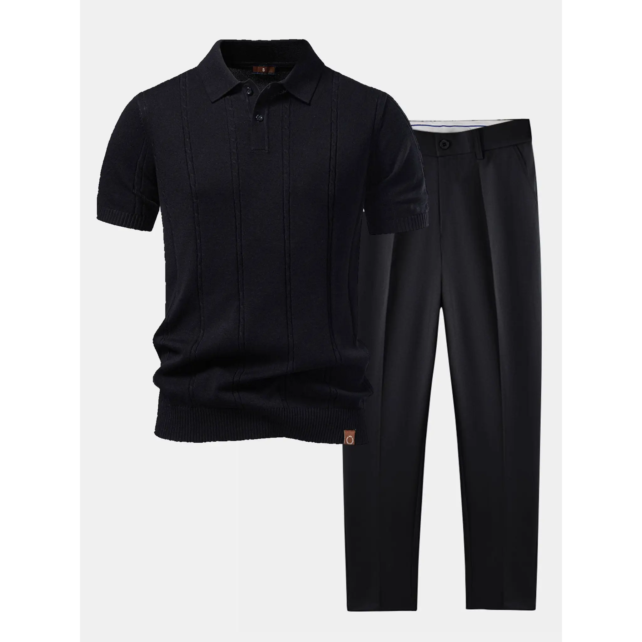 Black short-sleeve shirt and pants set on a white background