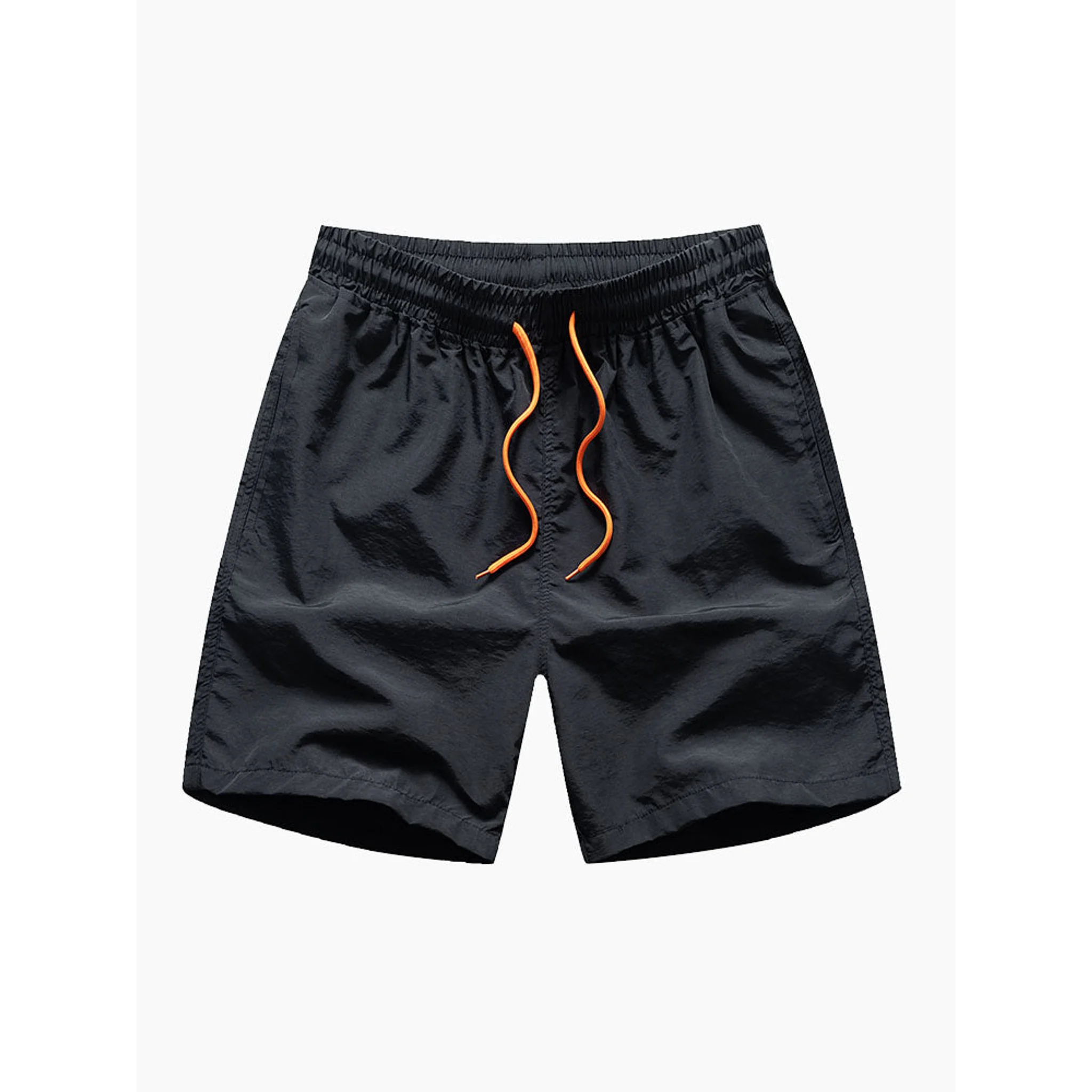 Black shorts with orange drawstrings on a white background