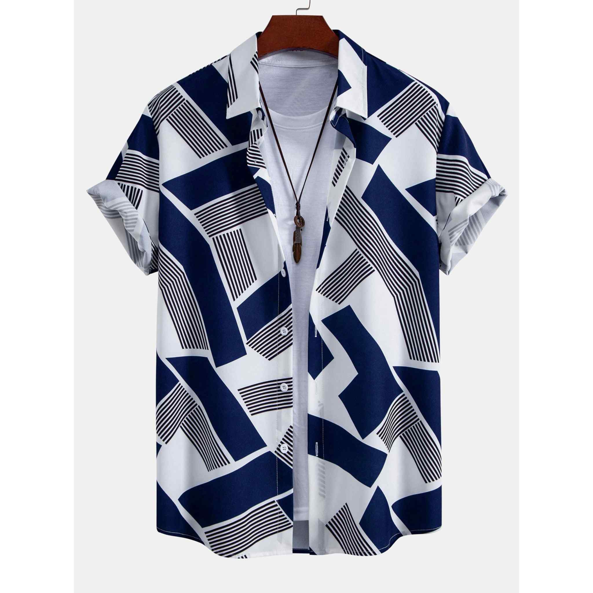 Blue and white geometric patterned shirt on a hanger with a white background