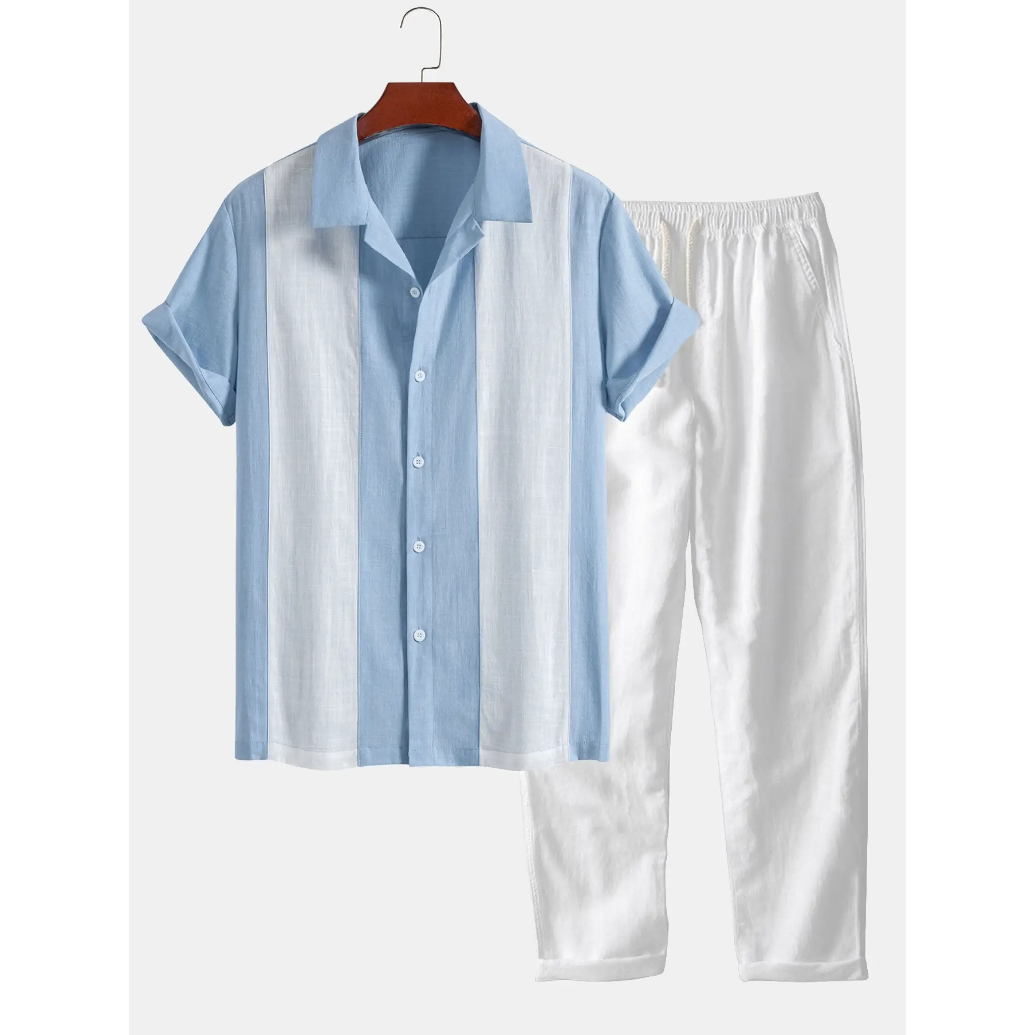 Blue and white striped shirt and pants set on a hanger against a white background