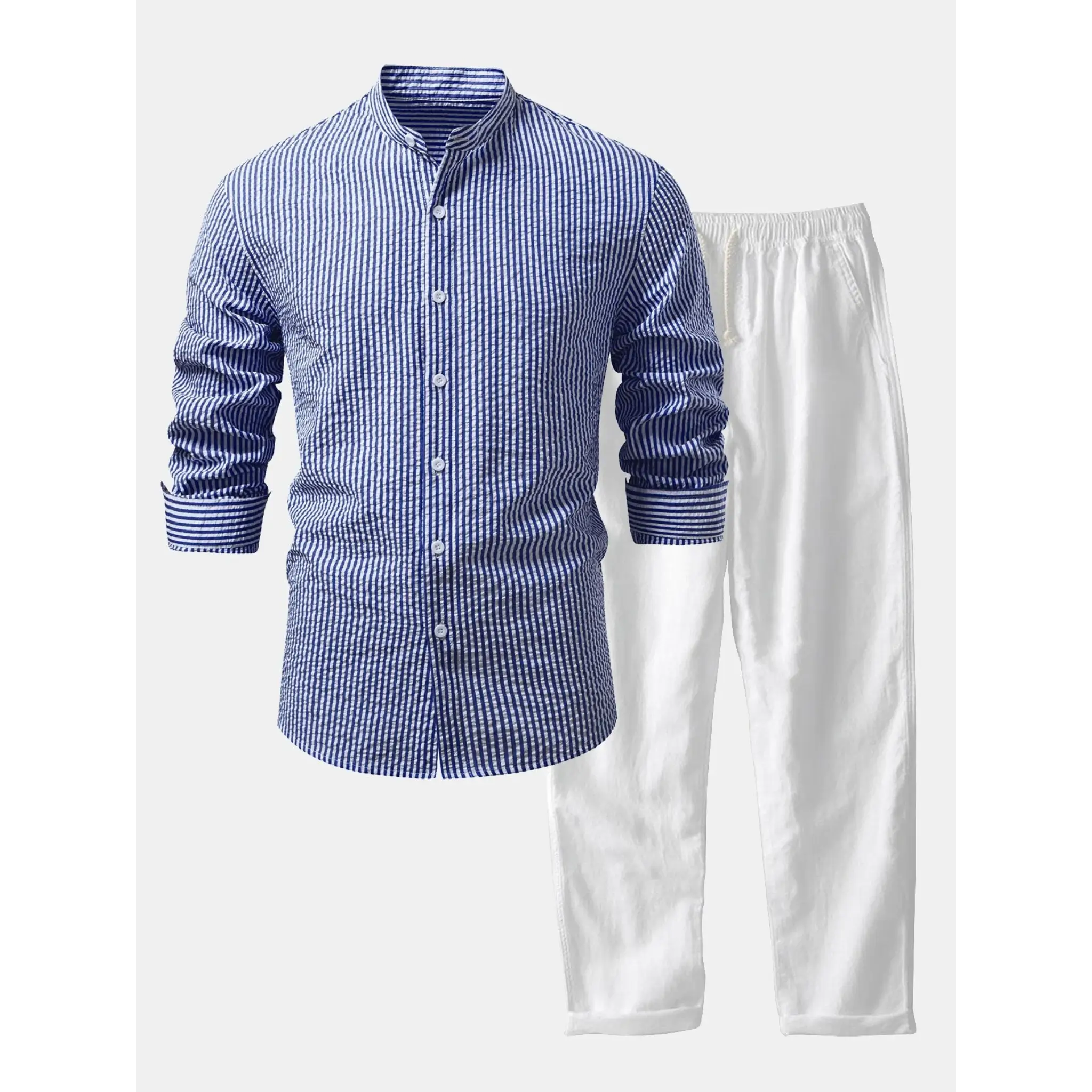 Blue checkered shirt and white pants on a white background