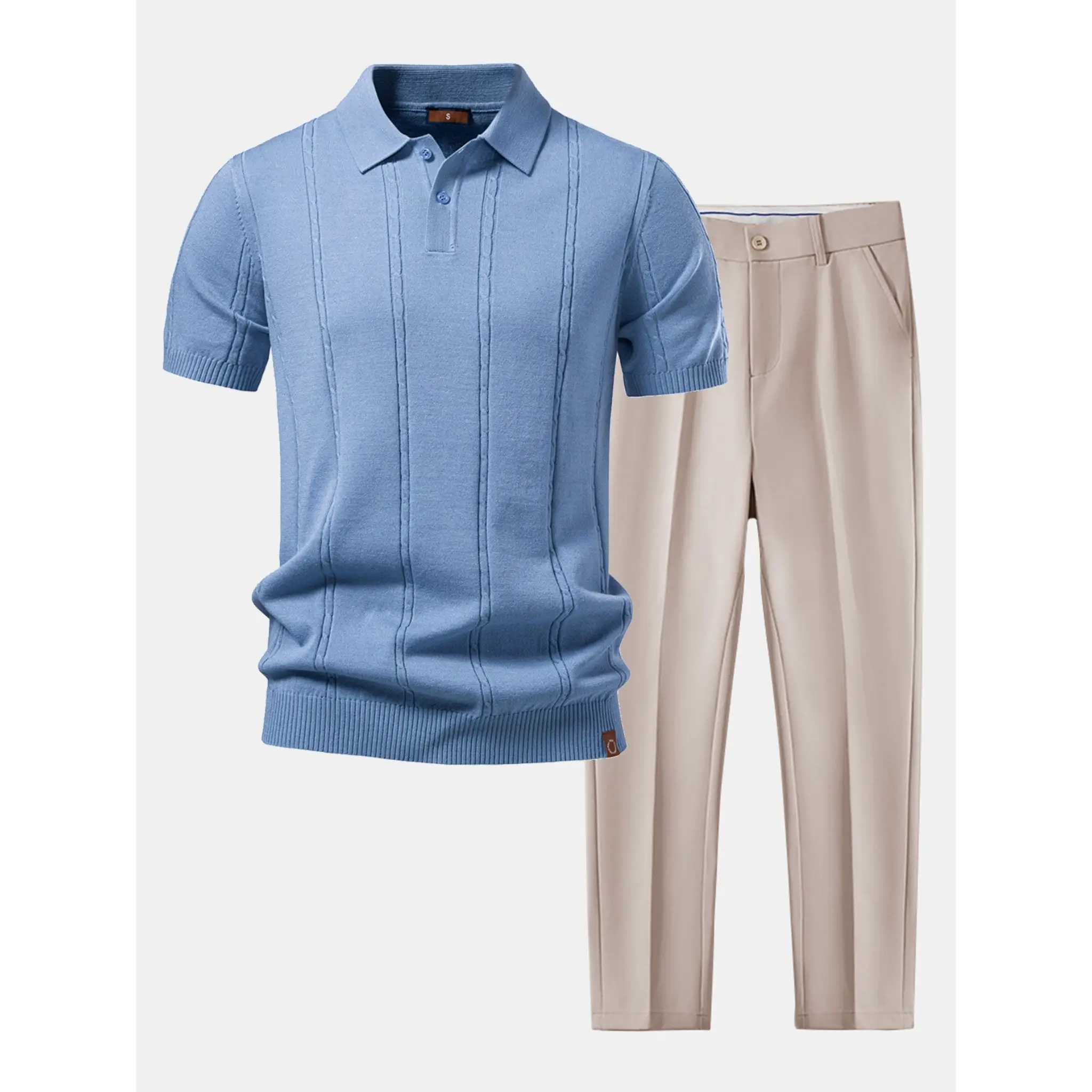 Blue short-sleeve polo shirt and beige pants on a white background