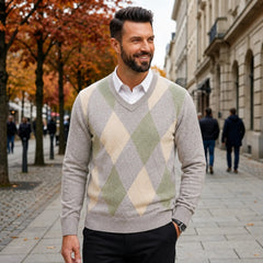 V-Neck Argyle Knitted Wool Sweater | Slim Fit Winter Pullover