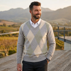 V-Neck Argyle Knitted Wool Sweater | Slim Fit Winter Pullover