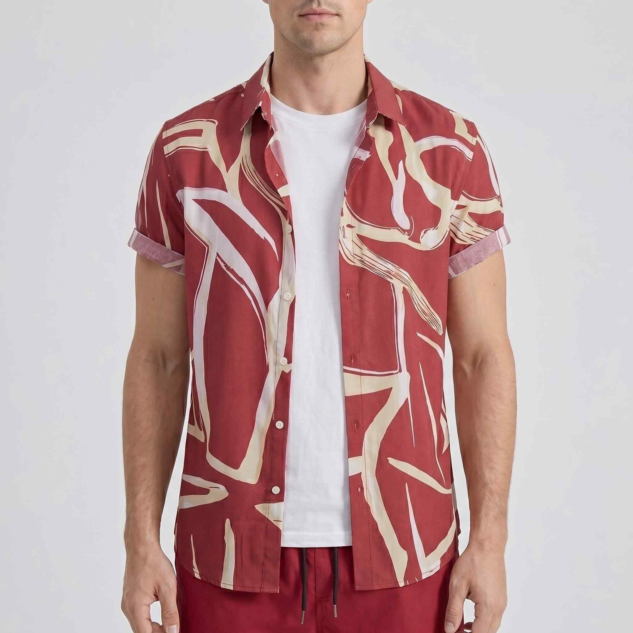 Close-up front detail of abstract print button up beach shirt
