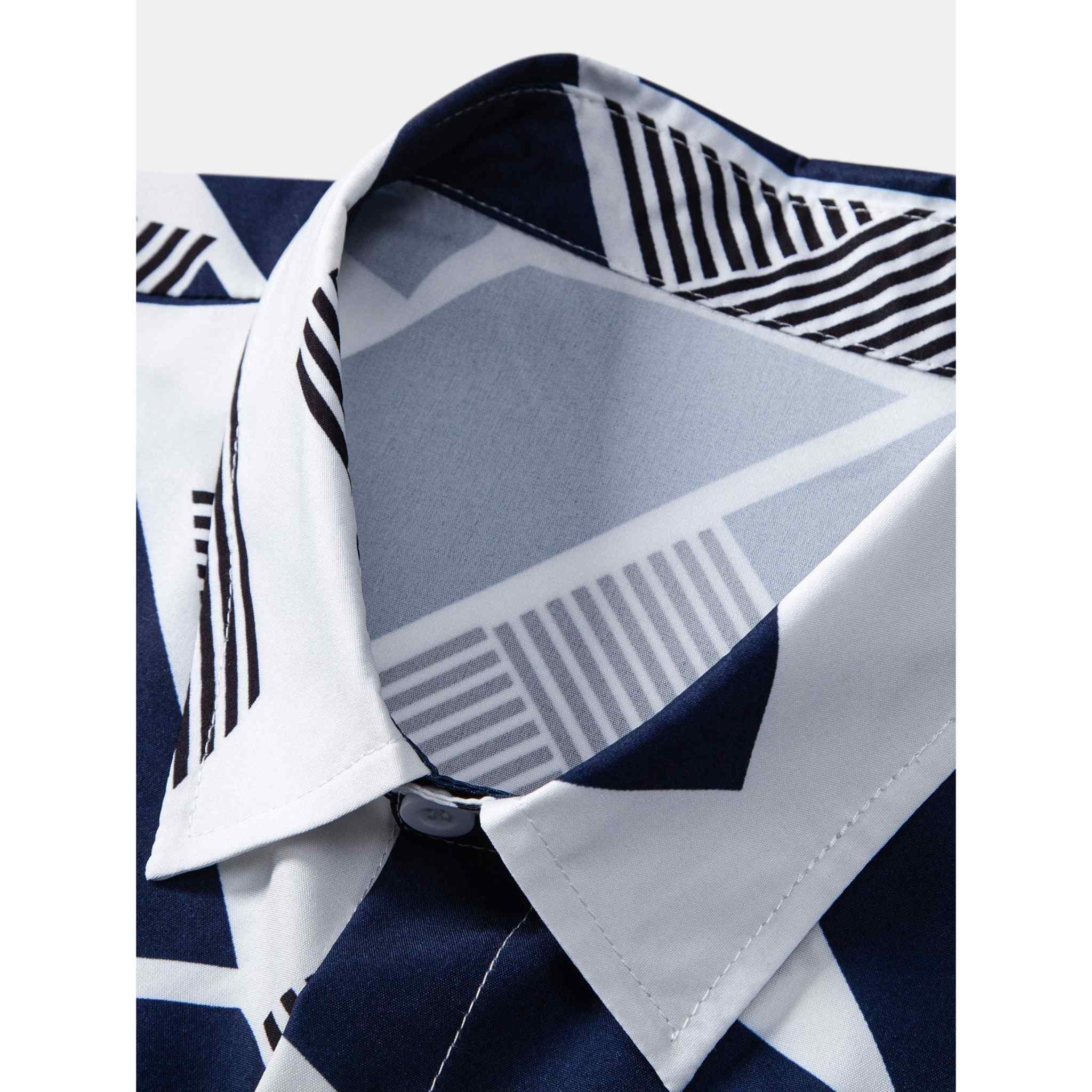 Close-up of a shirt with geometric patterned collar and cuffs.