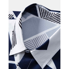 Close-up of a shirt with geometric patterned collar and cuffs.