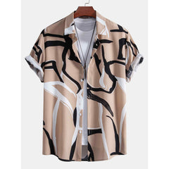 Coordinated beige abstract print shirt and black shorts set