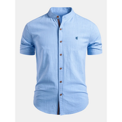 Linen Look Stand Collar Shirt & Slim Fit Tapered Trousers - 2 Piece Summer Outfit