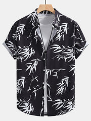 Bamboo Leaves Print Button Up Shirt & Swim Shorts - 2 Piece Summer Outfit
