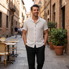 Striped Cotton Blend Button Up Shirt & Crinkle Textured Straight Leg Pants - 2 Piece Smart Casual Outfit