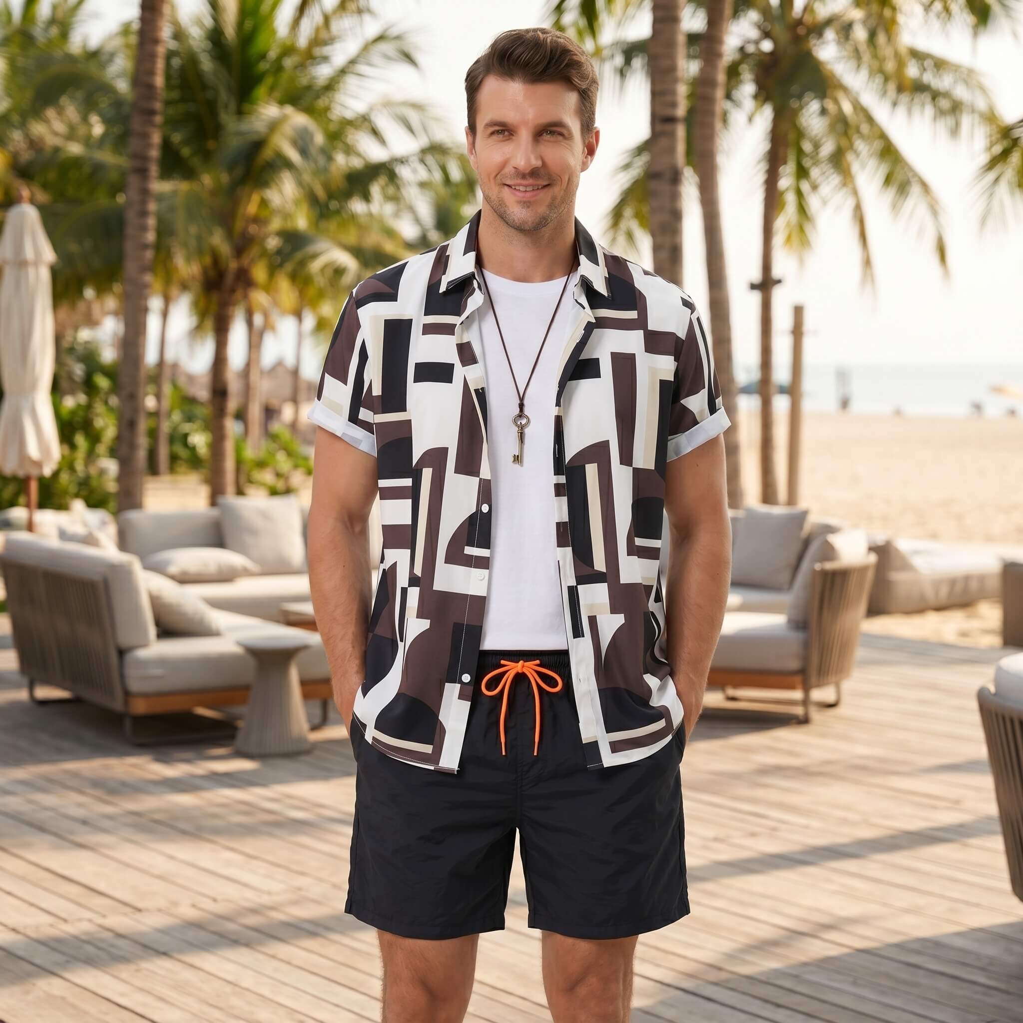 Man in geometry colorblock print button up shirt and swim shorts walking in a sunny outdoor coastal lifestyle setting