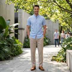Linen Look Stand Collar Shirt & Slim Fit Tapered Trousers - 2 Piece Summer Outfit