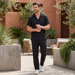 Crinkled Textured Button Up Shirt & Straight Leg Pants - 2 Piece Summer Outfit