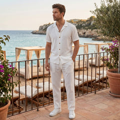 Crinkled Textured Button Up Shirt & Straight Leg Pants - 2 Piece Summer Outfit
