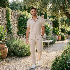Crinkled Textured Button Up Shirt & Straight Leg Pants - 2 Piece Summer Outfit