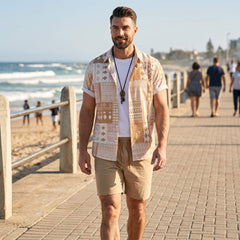 Tribal Geometric Patchwork Button Up Shirt & Swim Shorts - 2 Piece Summer Outfit