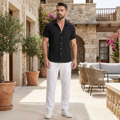 Waffle Button Up Shirt & Straight Leg Linen Pants - 2 Piece Summer Outfit