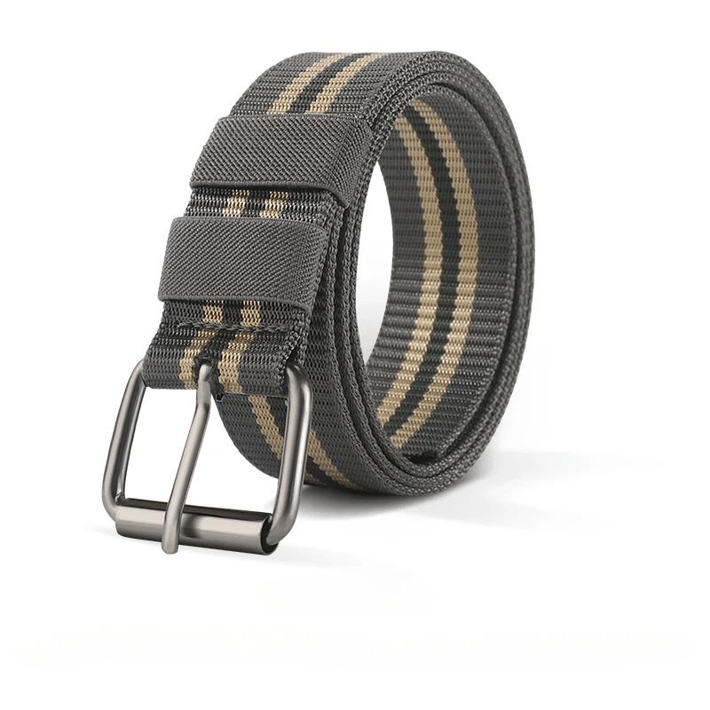 Gray belt with a striped pattern and metal buckle on a white background