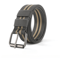 Gray belt with a striped pattern and metal buckle on a white background