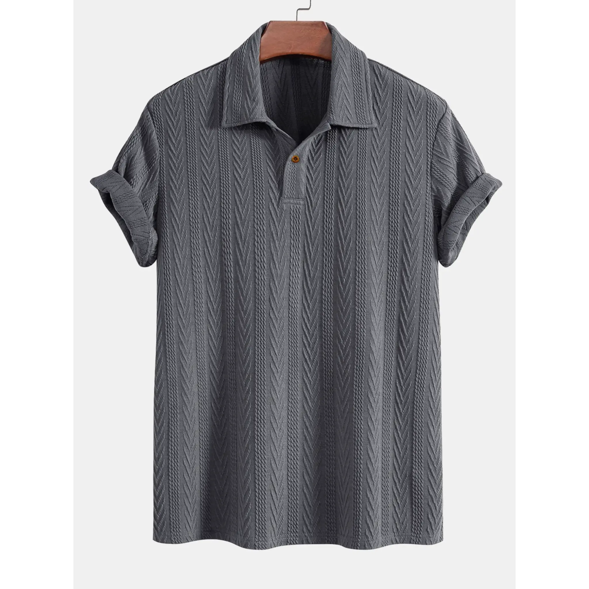 Gray textured polo shirt on a hanger with a white background