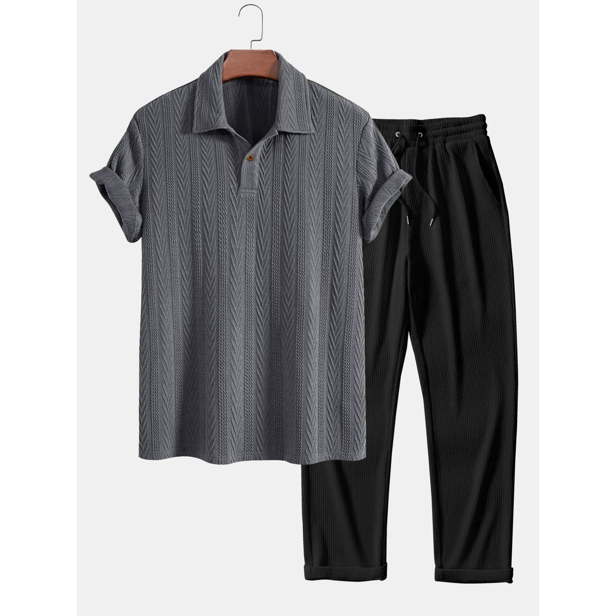 Gray textured shirt and black pants on a white background