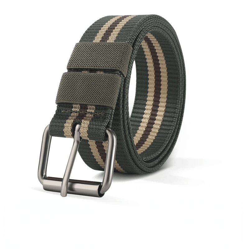Green and brown striped belt with a silver buckle on a white background