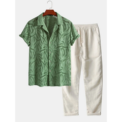 Green jacquard Cuban shirt and white straight-leg linen pants set on hanger
