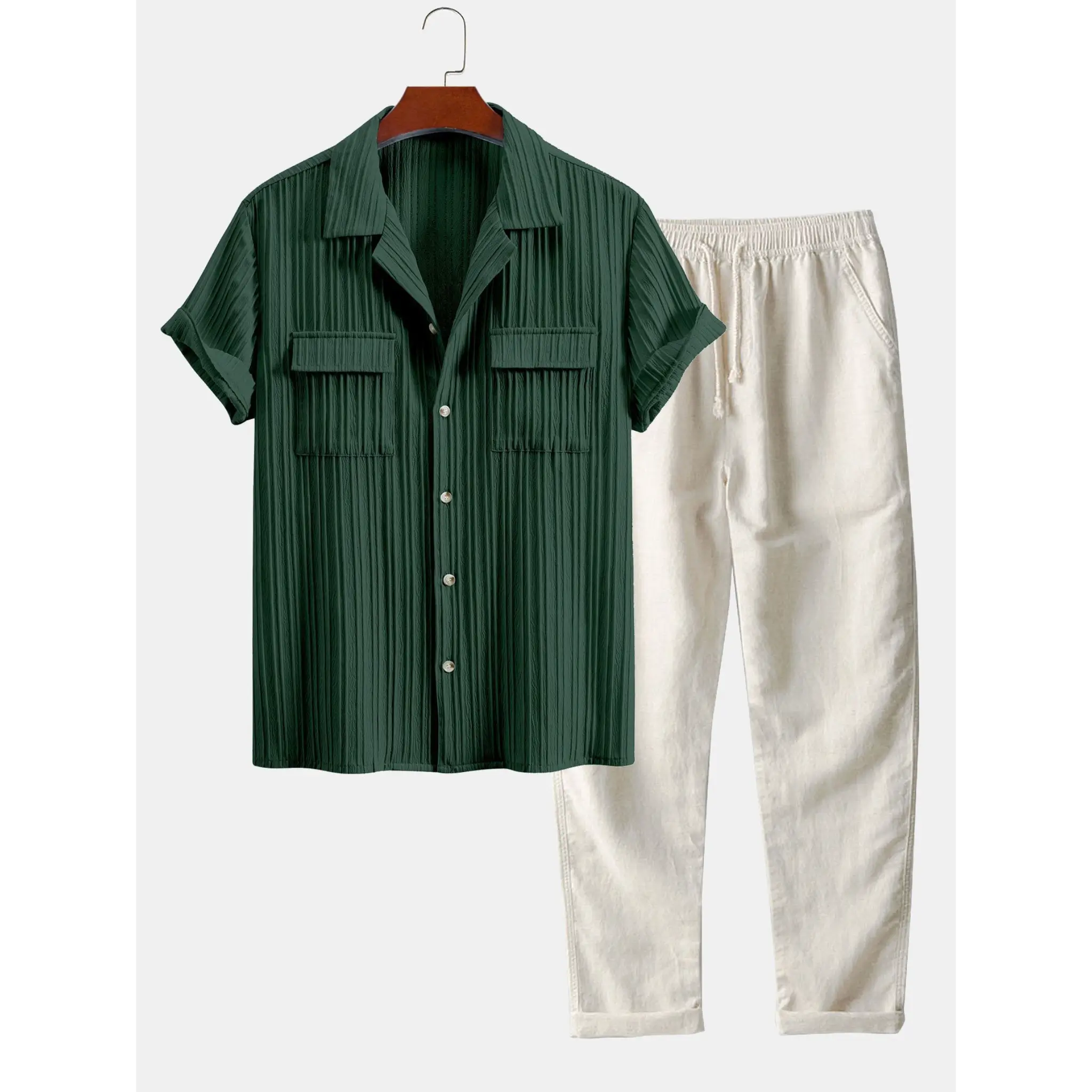 Green shirt and beige pants on a white background