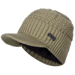 Khaki fleece-lined knit beanie with brim