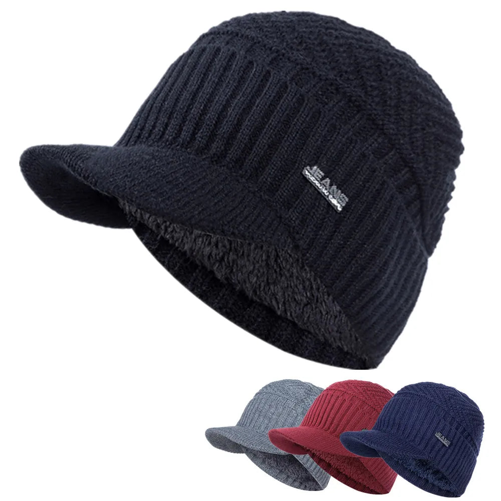 MannerCo men's black fleece-lined knit beanie with brim