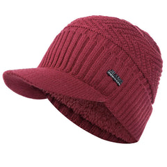 Red fleece-lined knit beanie with brim