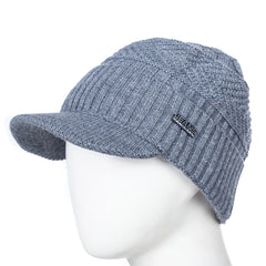 Grey fleece-lined knit beanie with brim, side view