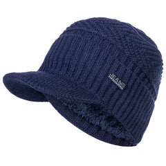 Navy Blue fleece-lined knit beanie with brim