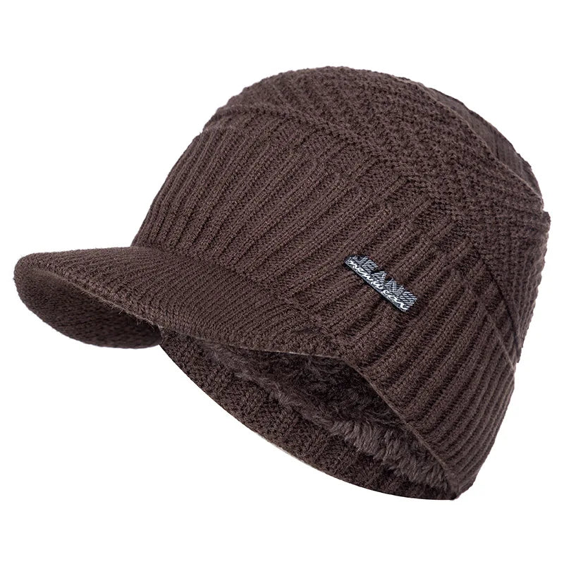 Coffee fleece-lined knit beanie with brim