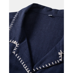 Contrast Stitching Linen Rayon Cuban Shirt & Straight Leg Pants - 2 Piece Smart Casual Outfit