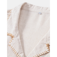 Contrast Stitching Linen Rayon Cuban Shirt & Straight Leg Pants - 2 Piece Smart Casual Outfit