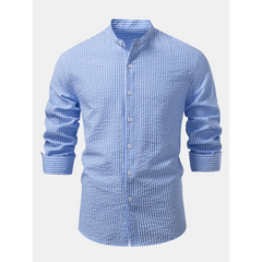 Striped Seersucker Stand Collar Shirt & Straight Leg Linen Pants - 2 Piece Smart Casual Outfit